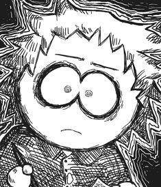 a black and white drawing of a cartoon character with big eyes, wearing a crown