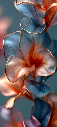 an abstract photograph of flowers with blue and pink petals in the center, on a gray background