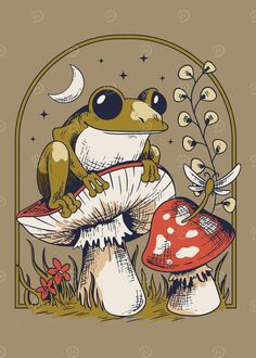 a frog sitting on top of a mushroom next to a flower and dragon fly above it