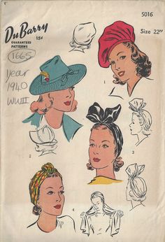 ~ Circa/Date: 1940 WW2 ~ Details:  STUNNING HAT, BERET and TWO-STYLE VARIATION TURBAN  (The hat is so typical of the 1940s fashion style of that period)  ~ Size/Measurements (Inches):    Head Size:  22″     Please Note: ~ You are buying a 'Professional Reproduced' copy of this sewing pattern. Copied from the original sewing pattern. Produced in Full Scale Pattern Pieces ready to cut with full instructions included. Reproduced on high quality 50 gm paper with black ink, durable and easier for reuse. Printed by a Professional Printing Company.   ~ With this product comes an accompanying 'Booklet' and inside the Booklet it includes: ~ A 2-page Instructions and Illustrations on 'How to Adjust Your pattern to your Personal Measurement.' ~ Personal Measurement Chart ~ Body Form Illustrations ~ F Tie A Turban, 1940s Hats, Hat Beret, Sewing Book, Vintage Hats, Couture Vintage, Women's Hats, Old Fashion, 1940s Fashion