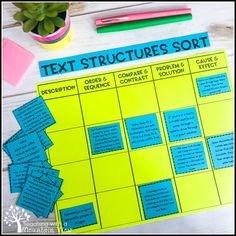 the text structures sort is displayed on a table with markers, pens and sticky notes