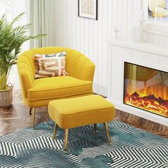 a yellow chair and ottoman in front of a fire place with a potted plant