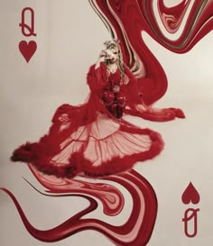 a woman in a red dress is sitting on a playing card with hearts and spades