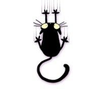 a black cat with yellow eyes is hanging on the wall in front of a white background