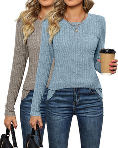 PRICES MAY VARY. Soft and Comfortable Material: the knit sweater is made of 90% polyester, 10% spandex; This sweater is pretty, lightweight, and holds up very well to washing; The slim fit sweater tops are a bit see through, but still comfortable Flattering Look: the women's tunic sweaters have knitting invisible stripes, round neck and basic simple design in solid color; It is attractive and comfortable, long enough to cover what it needs to Easy to Match: this is a soft but not very thick pull Tunic Sweaters, Sweaters Fall, Crew Neck Sweaters, Slim Fit Sweater, Types Of Coats, Sweater Tops, Jeans Casual, Women's Sweaters, Fitted Sweater