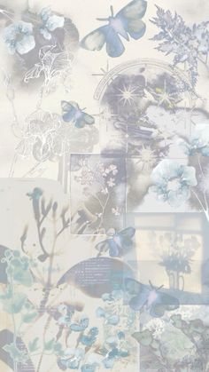 an image of blue flowers and butterflies on a white background