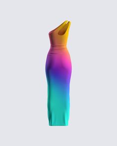 Your presence will be impossible to ignore in this multi one-shoulder dress 🌈 Made from a printed slinky jersey fabric and complete with a strap cut-out detail, and an asymmetrical ombre print - this column-style dress will have them all wanting to look for the pot of gold at the end of the rainbow 😜 Each dress will be uniquely different due to the nature of the print ✨ Multicolor Fitted One Shoulder Dress With Asymmetrical Neckline, Gradient Sleeveless Maxi Dress For Party, Fitted Multicolor One Shoulder Dress With Asymmetrical Neckline, Gradient Maxi Dress For Party, Multicolor Asymmetrical Dress For Summer, Sleeveless Gradient Maxi Dress For Party, Multicolor Asymmetrical Dress With Asymmetrical Neckline For Summer, Multicolor Asymmetrical Dress With Neckline For Summer, Fitted Multicolor One-shoulder Dress With Asymmetrical Neckline