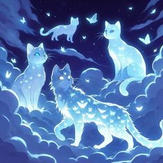 three cats are sitting in the clouds at night