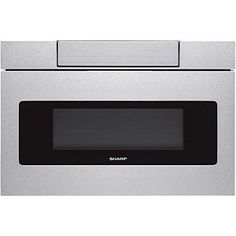 a stainless steel microwave oven with the door open and an electronic timer on it's side