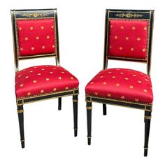 Pair of Antique Empire Black & Gold Chairs W Red Clarence House Seats.  Each has been freshly upholstered in red Clarence House fabric with gold stars. This listing is from one pair of chairs but we actually have three pair available. Gold Chairs, Pair Of Chairs, Gold Chair, Clarence House, Gold Star, Gold Stars, Side Chairs, Stars, Fabric