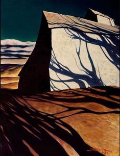 an abstract painting of a building with trees casting shadows on the wall and ground in front of it