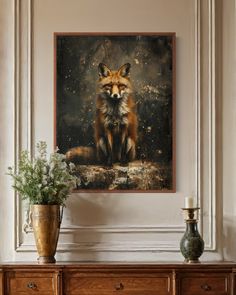 a painting of a fox sitting on top of a dresser