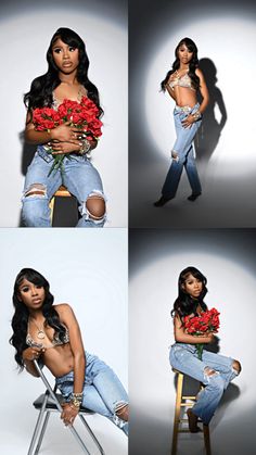 four different pictures of a woman sitting on a chair with roses in her lap and wearing ripped jeans