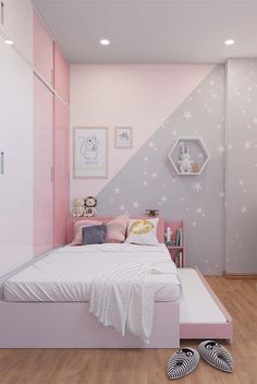 a bedroom decorated in pink and white with the word pinterest on it's wall