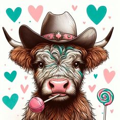 a drawing of a cow wearing a cowboy hat and holding a lollipop in its mouth