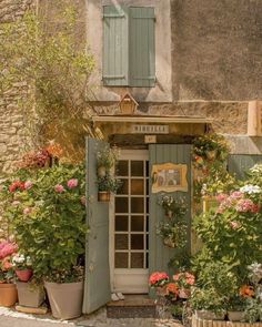 an old building with green shutters and potted flowers in front of the door