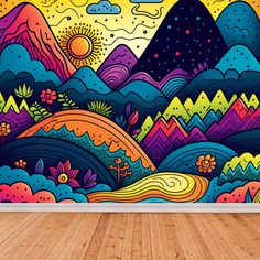 a room with wood floors and an artistic mural on the wall, it is painted in bright colors