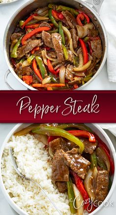 pepper steak with peppers over white rice and a brown sauce Peper Steak, Pepper Steak And Onions, Steak Marinades, Skillet Steak, Skirt Steak Recipes, Pepper Steak Recipe, Mothers Day Dinner, Chimichurri Recipe, Mapo Tofu