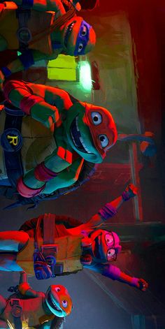 an animated character is standing in front of some neon colored objects and looking at the camera