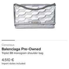 Stunning Balenciaga Triplet Bb Monogram Shoulder Bag. 100% Leather Foldover Top With Magnetic Fastening Chain-Link Shoulder Strap Authentic New, Never Been Used, In Perfect Condition Dust-Bag Included Bb Monogram, Balenciaga Logo, Balenciaga Bag, Messenger Bag Backpack, Leather Silver, Diamond Drop Earrings, Medium Bags, Chain Bags, Fine Jewellery Earrings