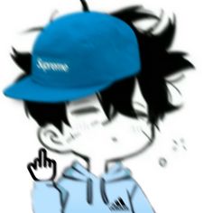 a drawing of a boy wearing a blue hat with the word supreme written on it