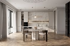 a modern kitchen with marble counter tops and white cabinets, along with hardwood floorsing