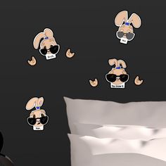 an animated dog with sunglasses on his head is sitting in front of a pillow and pillows