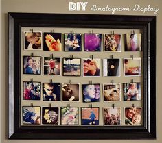 a collage of photos hanging on a wall with clothes pins attached to them and pinned to a clipboard