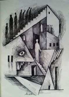 an ink drawing of people standing in front of a building with stairs and windows on it