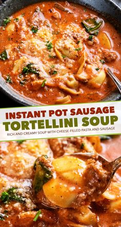 the cover of instant pot sausage tortellini soup