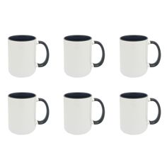 six black and white coffee mugs with handles