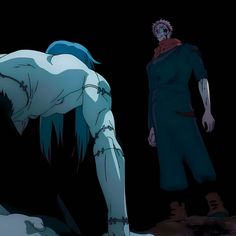 two anime characters standing in the dark with their hands on their hipss and one is bent over