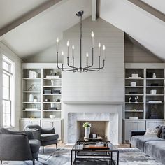 a living room filled with furniture and a fire place in the middle of a room