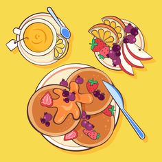 a plate with pancakes and fruit next to a cup of coffee on a yellow background