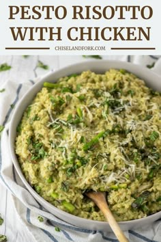 pesto risotto with chicken in a white bowl on a blue and white towel