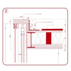 an architectural drawing of a building with red and white lines