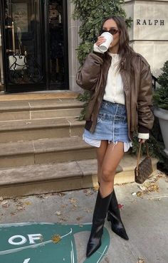 The Hunt Outfits, Nyc Fall Aesthetic Fashion, Cool Sweater Vest Outfit, Coastal Edgy Outfit, Denim Skirt Tall Boots Outfit, 2023 Nyc Fashion, Fall 2023 Aesthetic Outfits, Utility Jacket Street Style, London Girl Aesthetic Outfit