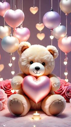 a teddy bear holding a heart surrounded by pink roses and hanging hearts in the air