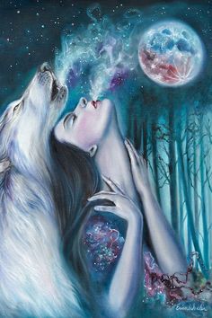 a painting of two white wolfs with their heads touching each other's noses