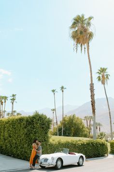 two people standing next to a white car in front of some palm trees and bushes