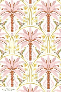 a pink and yellow wallpaper with palm trees in the middle, on a white background