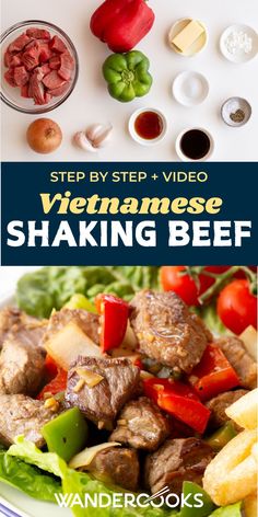 vietnamese shaving beef recipe on a plate with vegetables and sauces in the background