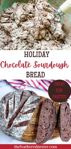 holiday chocolate sourdough bread with text overlay that reads, holiday chocolate sourdough bread great for parties