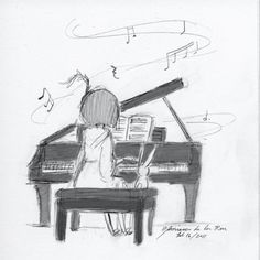 a drawing of a person sitting at a piano