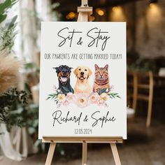 a sign with two dogs and a cat on it that says, set & stay our parents are getting married today