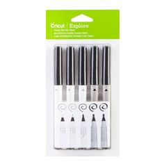 four black and white ink pens in the packaging for each pen, one has an eraser