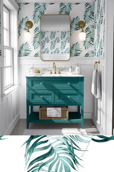 a bathroom with palm leaves on the wall and a mirror over the sink in front of it