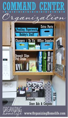 an organized kitchen with books on the shelves and other items in front of it for organizing