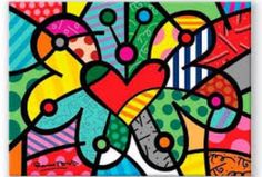 a colorful abstract painting with hearts and dots on it's surface, in the middle of