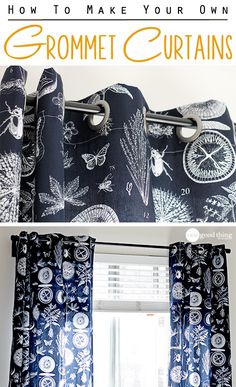 two pictures of curtains with the words how to make your own grommet curtains